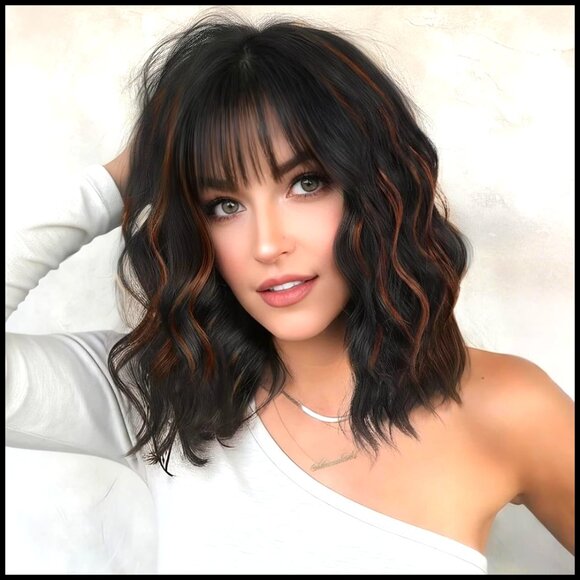 Short Curly Wavy Wig With Bangs Natural Looking Shoulder Length Party Daily